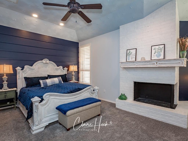 4300 Tumbleweed Trl, Midland, TX 79707 - carpeted bedroom with a fireplace, baseboards, and a ceiling fan