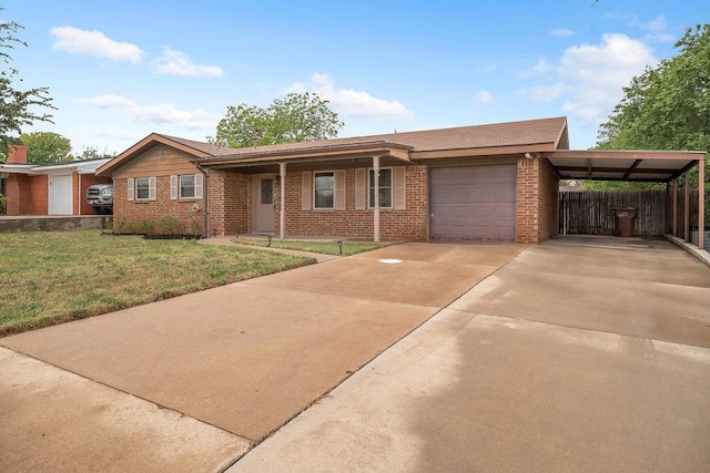 ranch-style home featuring driveway, brick siding, a garage, and a carport