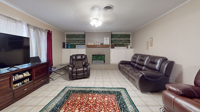 3806 Neely Ave, Midland, TX 79707 - living area with ceiling fan, light tile patterned floors, ornamental molding, and a fireplace