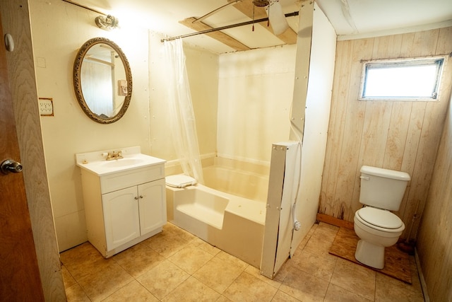 full bathroom featuring shower / bath combination with curtain, wood walls, toilet, and vanity