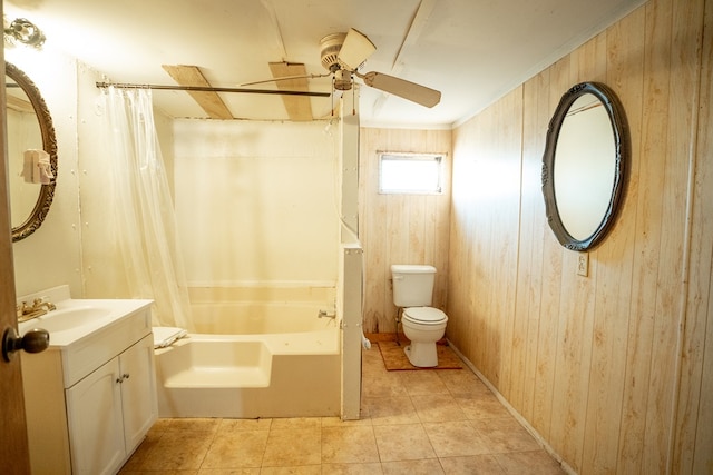 full bathroom with shower / tub combo, ornamental molding, ceiling fan, and wooden walls