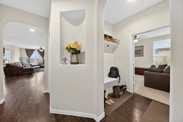 5001 Shadybrook Rd, Midland, TX 79705 - hall featuring arched walkways, plenty of natural light, dark wood-style floors, and recessed lighting
