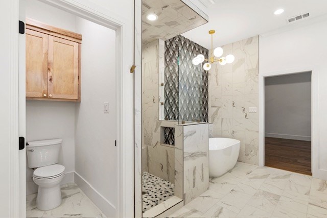 bathroom featuring toilet, plus walk in shower, and a chandelier