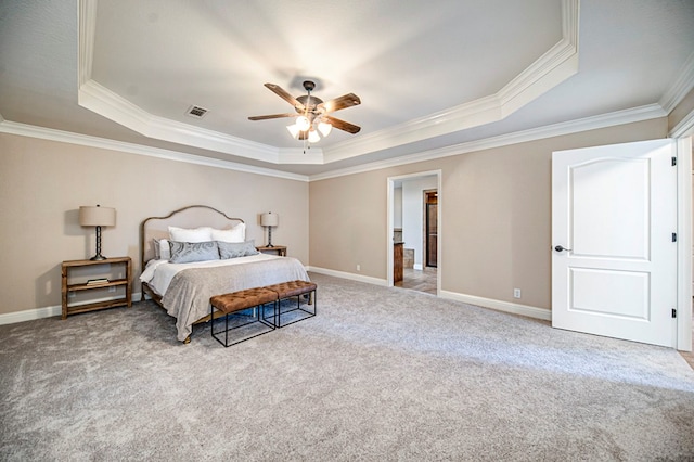 bedroom with ornamental molding, a raised ceiling, ceiling fan, and light carpet