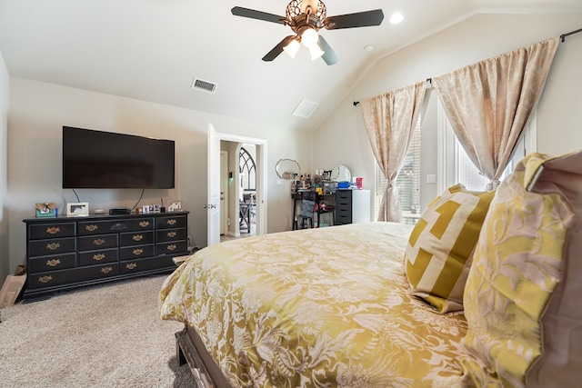 carpeted bedroom with lofted ceiling and ceiling fan