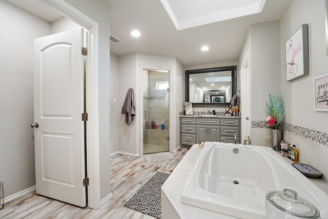 bathroom with wood-type flooring, plus walk in shower, and vanity