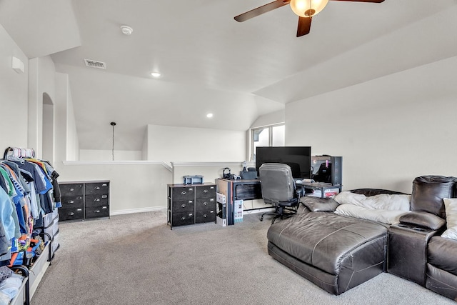 4107 Connally St, Big Spring, TX 79720 - office featuring ceiling fan, vaulted ceiling, and carpet flooring