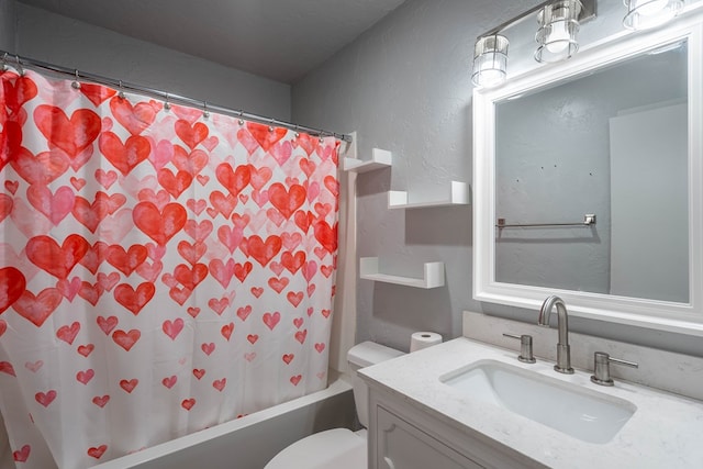 bathroom featuring a textured wall, toilet, vanity, and shower / bath combination with curtain