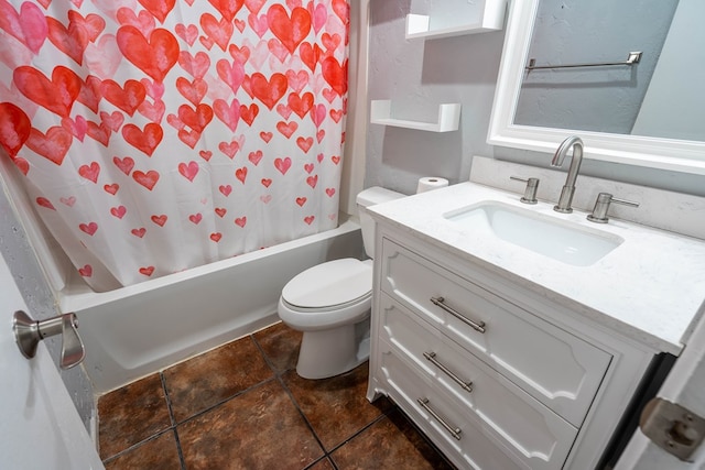 full bath with tile patterned floors, shower / bath combo with shower curtain, toilet, and vanity