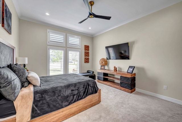 bedroom with recessed lighting, carpet, ornamental molding, baseboards, and ceiling fan