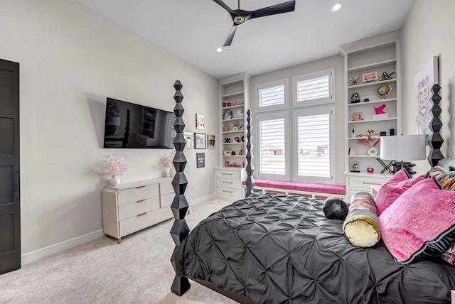 bedroom with light colored carpet, baseboards, a ceiling fan, and recessed lighting