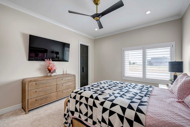 bedroom with baseboards, light carpet, ornamental molding, and recessed lighting