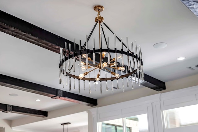 room details with an inviting chandelier, visible vents, beam ceiling, and recessed lighting
