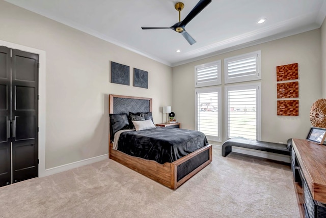 bedroom with baseboards, recessed lighting, ceiling fan, carpet floors, and ornamental molding