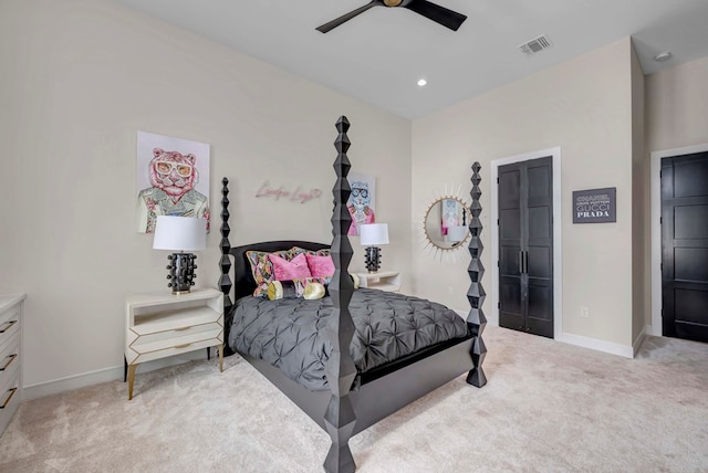 bedroom featuring recessed lighting, visible vents, light carpet, baseboards, and ceiling fan