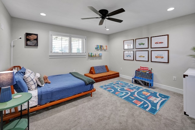 bedroom with a ceiling fan, baseboards, carpet flooring, and recessed lighting