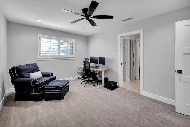 carpeted office space with baseboards, visible vents, ceiling fan, and recessed lighting