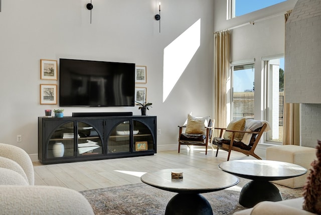 living area featuring a high ceiling, a fireplace, wood finished floors, and a wealth of natural light