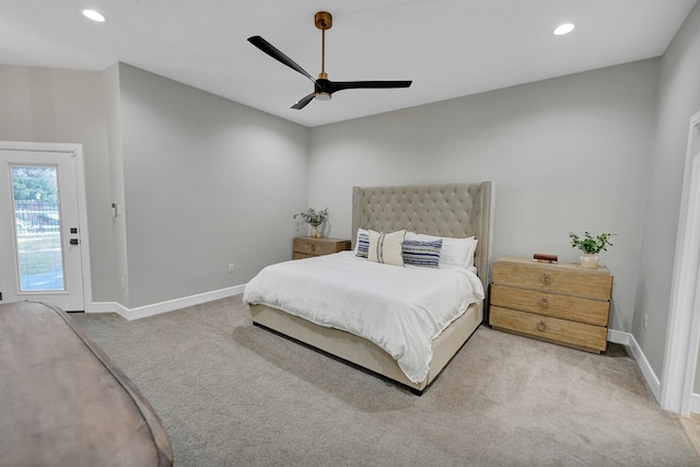 carpeted bedroom with ceiling fan, recessed lighting, and baseboards