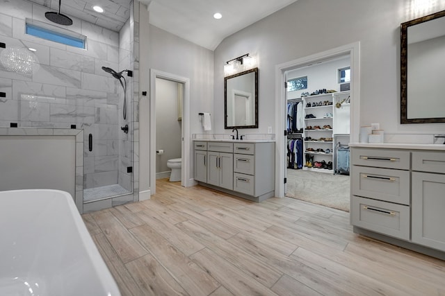 bathroom with two vanities, toilet, a stall shower, a sink, and wood finished floors