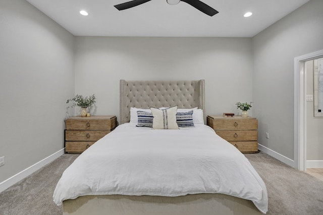 bedroom featuring recessed lighting, carpet, and baseboards