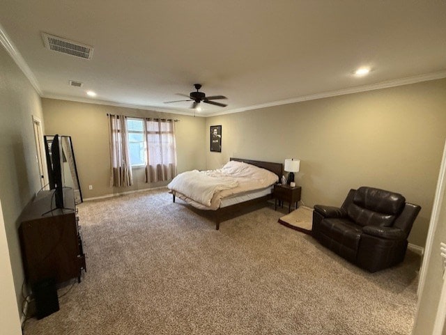 bedroom featuring visible vents, recessed lighting, carpet, and crown molding