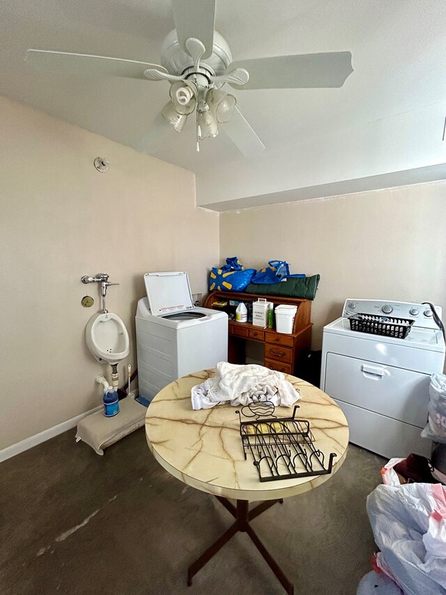 washroom featuring ceiling fan and dark carpet