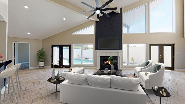 living room with high vaulted ceiling, a fireplace, beamed ceiling, ceiling fan, and french doors