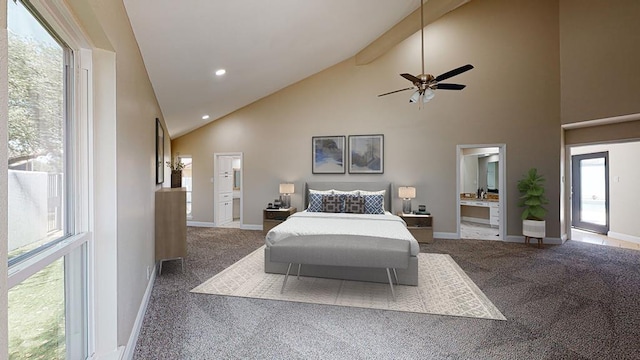 bedroom featuring connected bathroom, carpet floors, high vaulted ceiling, and beamed ceiling