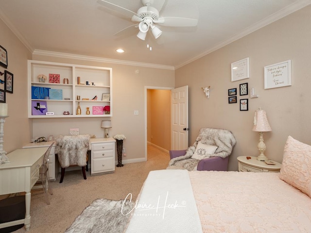 bedroom with ceiling fan, baseboards, light colored carpet, and ornamental molding