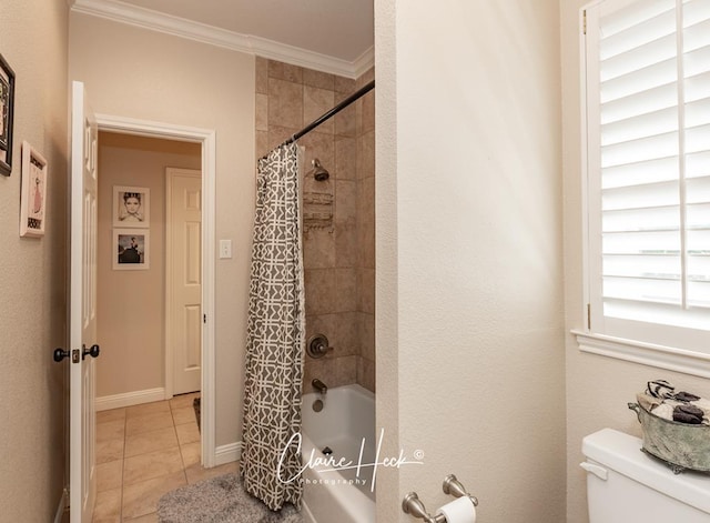 bathroom featuring tile patterned flooring, shower / bath combination with curtain, toilet, and crown molding