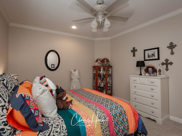 bedroom featuring baseboards, carpet floors, recessed lighting, ceiling fan, and ornamental molding