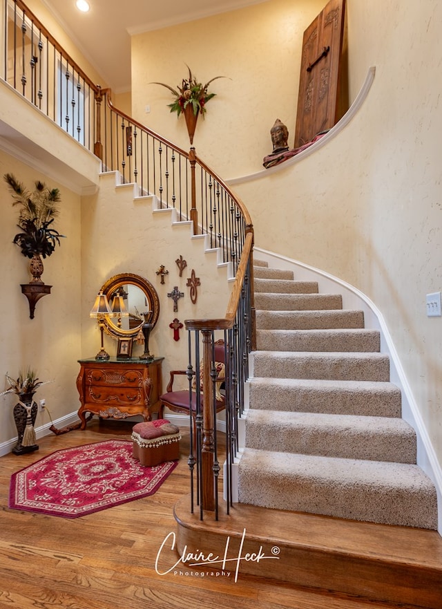 stairway with a towering ceiling and wood-type flooring