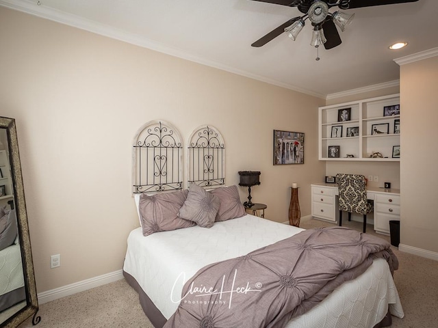 bedroom featuring a ceiling fan, light colored carpet, baseboards, and ornamental molding