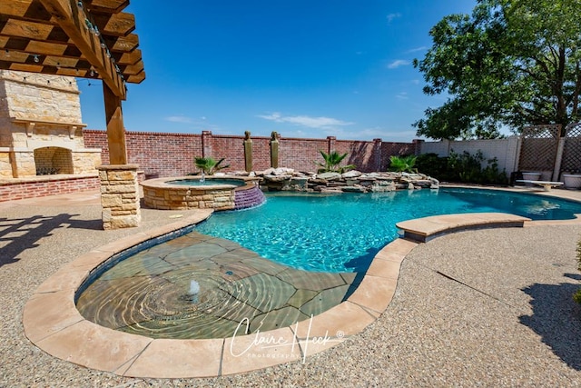 view of pool with a diving board, a fenced backyard, and a pool with connected hot tub