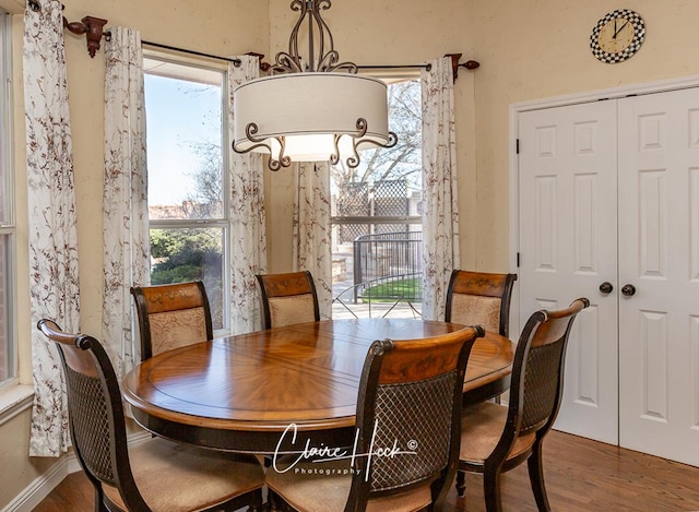 dining area featuring baseboards and wood finished floors