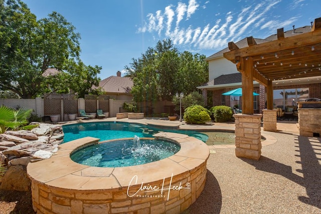 view of pool featuring a patio, fence, an in ground hot tub, and a pergola