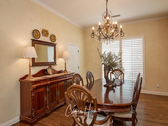 dining area featuring baseboards, dark wood-style floors, and ornamental molding