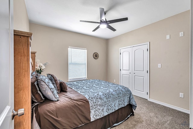 bedroom with ceiling fan, a closet, and carpet floors