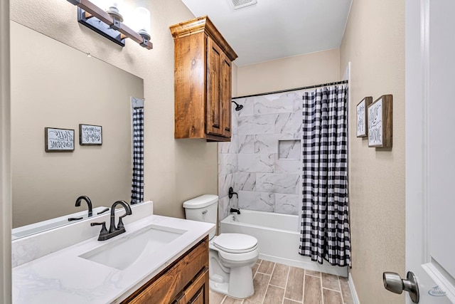 full bathroom with vanity, toilet, and shower / tub combo with curtain