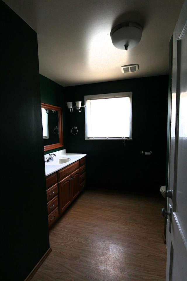 bathroom featuring vanity, toilet, and wood-type flooring