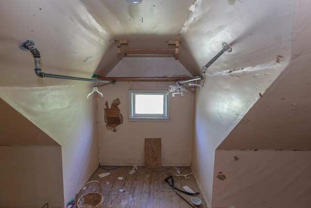 bathroom with lofted ceiling and wood-type flooring