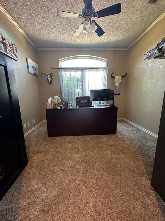 office space featuring carpet, a textured ceiling, ceiling fan, and crown molding