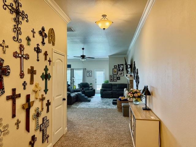 1406 Wrangler Ln, Midland, TX 79705 - hallway featuring ornamental molding and carpet flooring