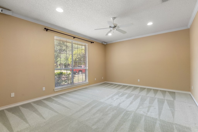 unfurnished room featuring light colored carpet, a ceiling fan, crown molding, and recessed lighting