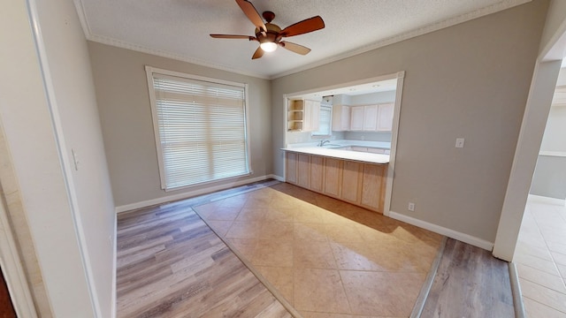 3608 Apollo Ct, Midland, TX 79707 - bathroom featuring crown molding, ceiling fan, wood finished floors, baseboards, and a textured ceiling