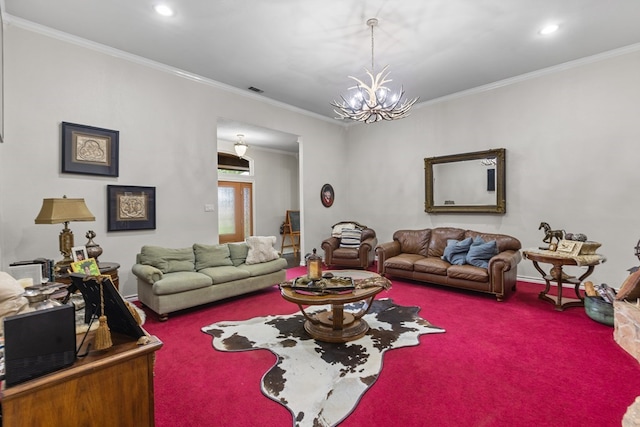 carpeted living room with crown molding and an inviting chandelier