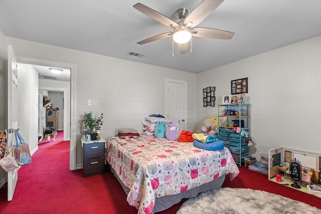 bedroom with ceiling fan and dark colored carpet