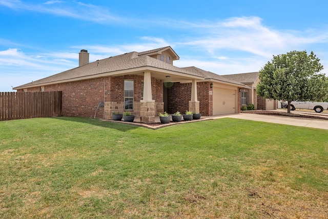 view of side of property featuring brick siding, concrete driveway, a garage, a chimney, and a shingled roof