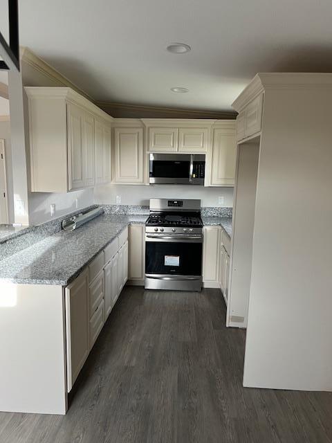 kitchen with light stone countertops, appliances with stainless steel finishes, dark hardwood / wood-style flooring, and white cabinets